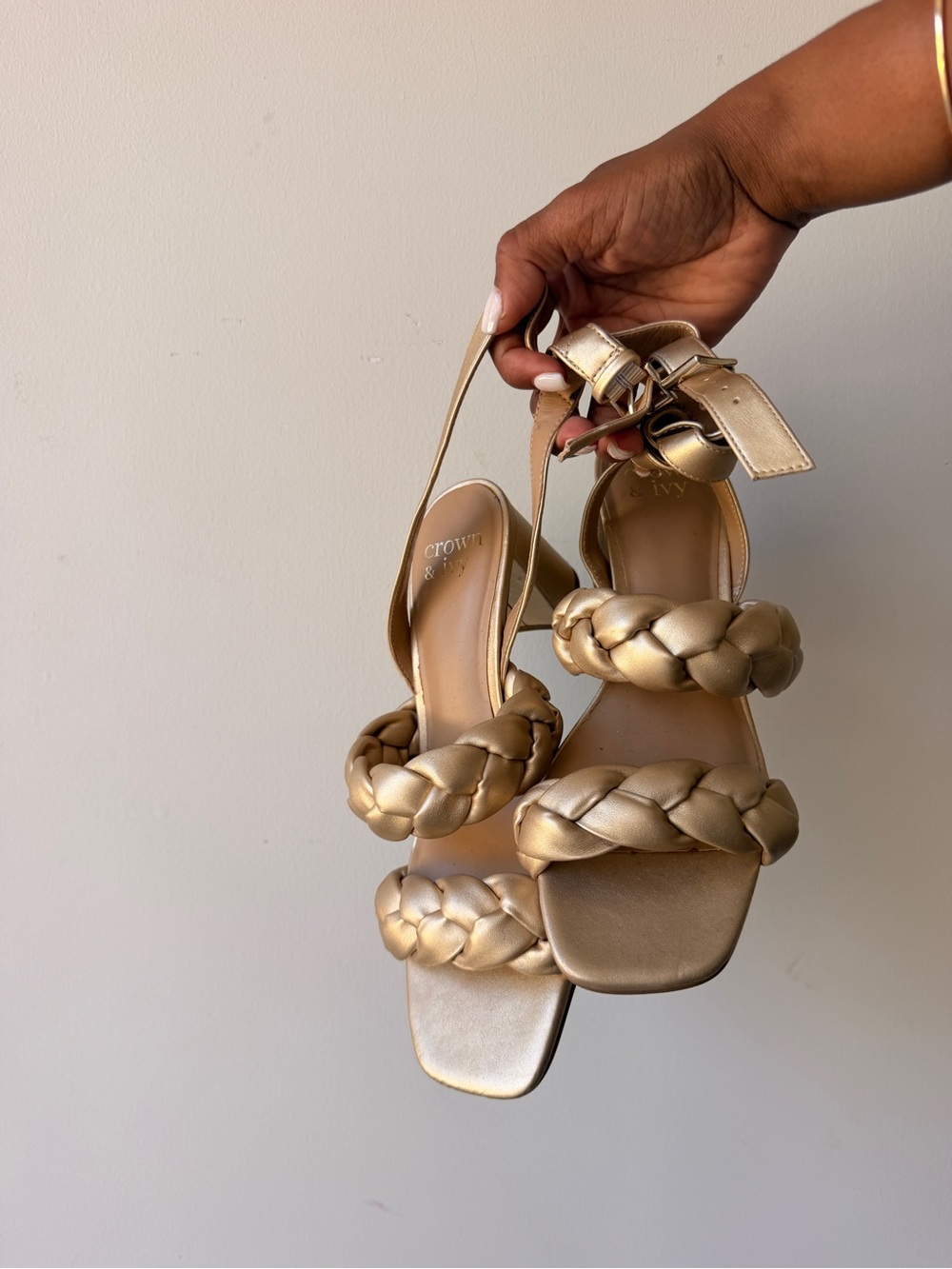 Crown and Ivy Metallic Gold Braided Strap Heels